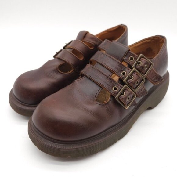 RARE  VINTAGE DR. Martens T-Strap 3 Buckle Mary Jane Block Brown England - Picture 1 of 1